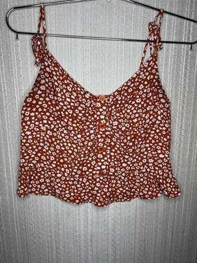 Blush BJ Rust Orange White Floral Tie Strap Button Up Crop Top Size M